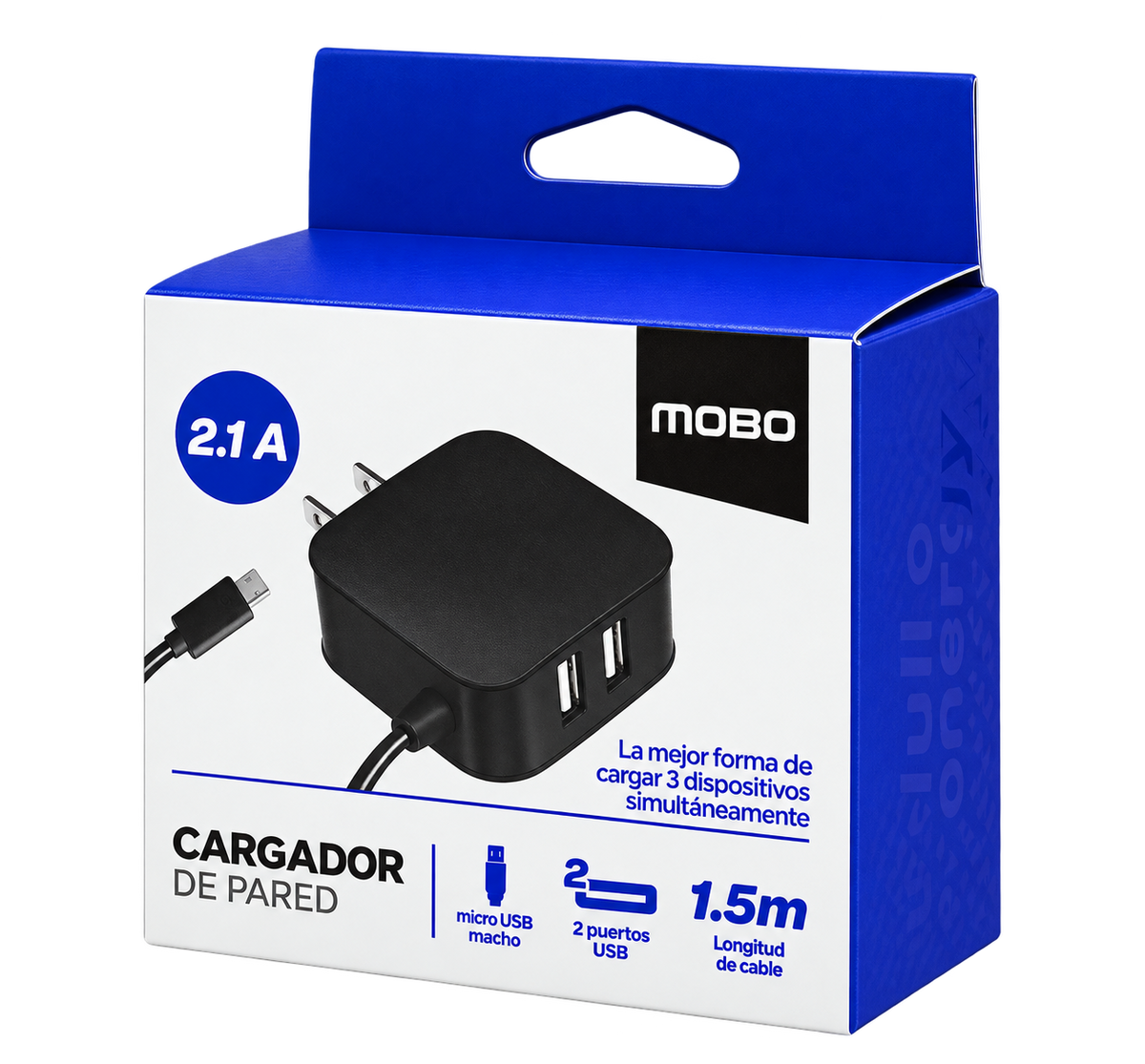 Cargador de pared MOBO 2.1 A con cable de 1.5 m