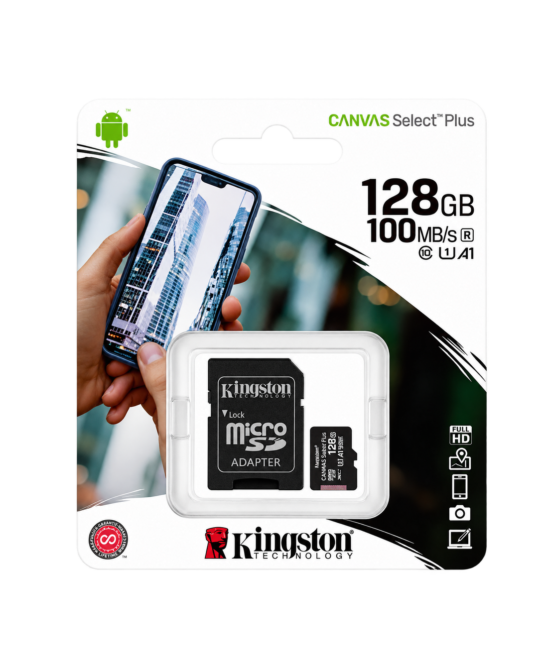 Tarjeta microSD Kingston Canvas Select Plus 128 GB, 100 MB/s con adaptador SD