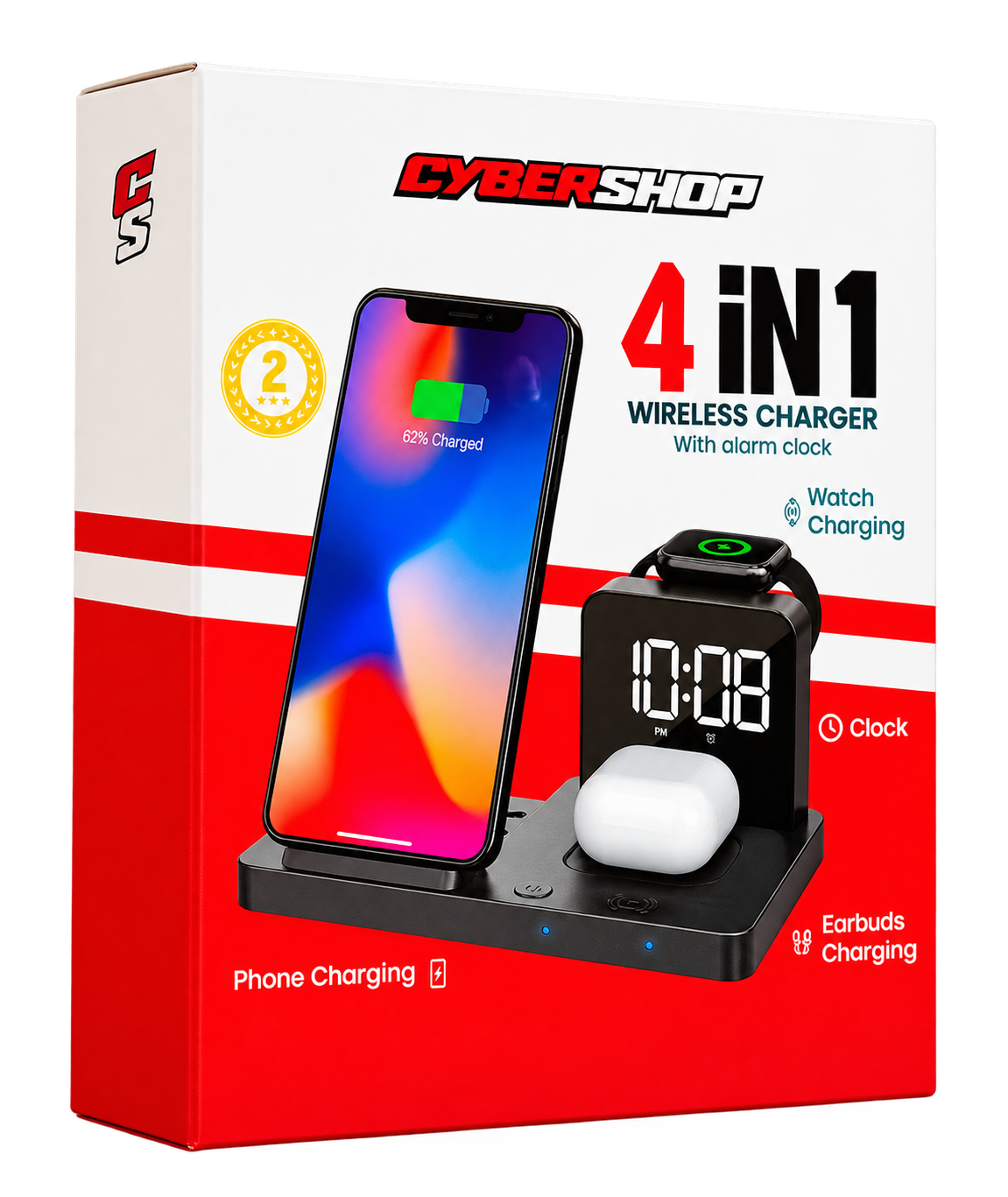 Cargador inalámbrico CyberShop 4 en 1 con reloj y alarma