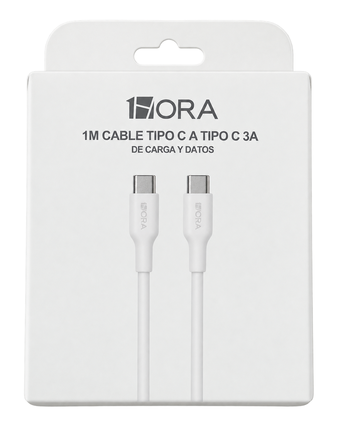 Cable 1HORA blanco USB-C a USB-C de 3 A y 1 metro en su empaque