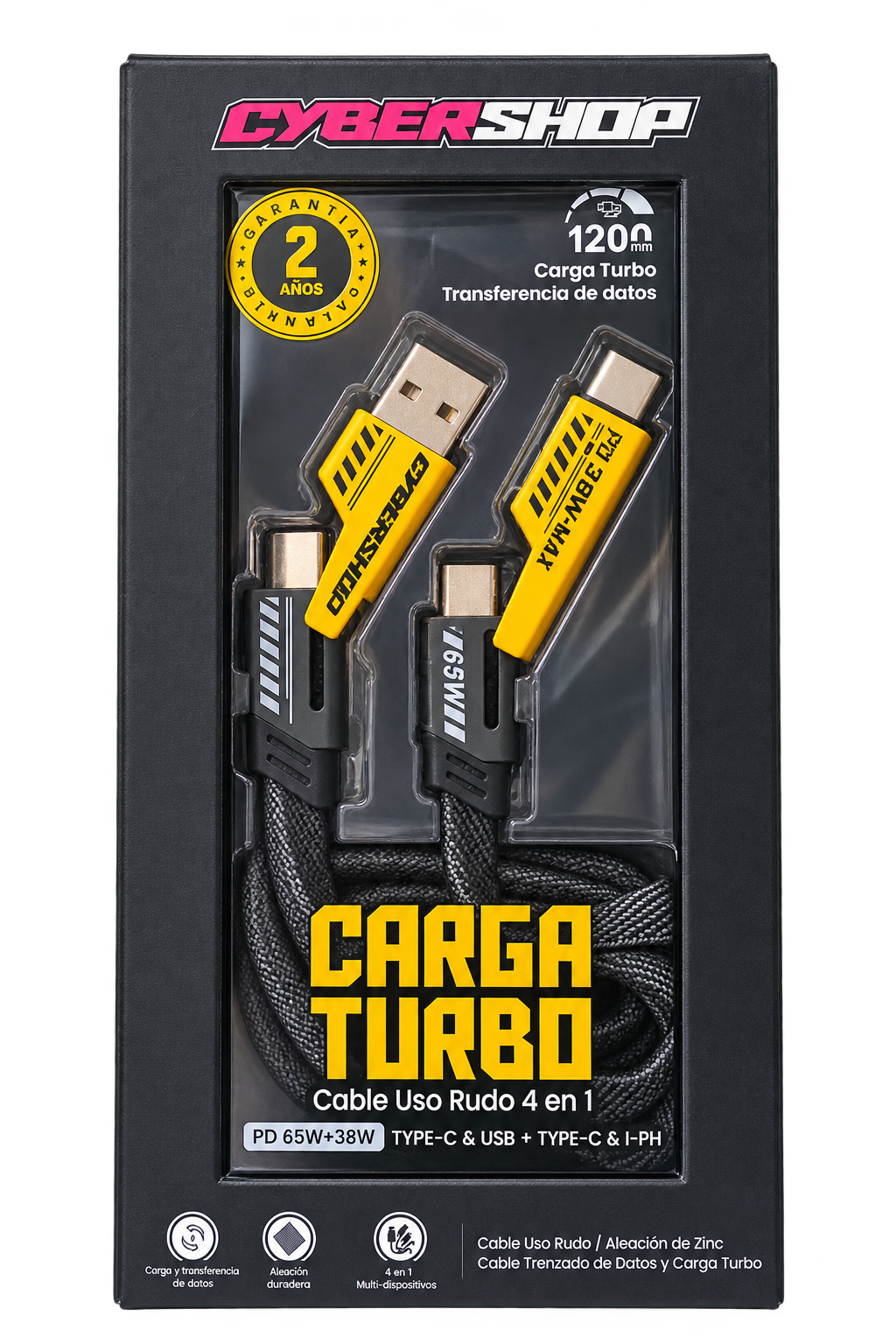 Cable CyberShop 4 en 1 trenzado negro con detalles amarillos en su empaque
